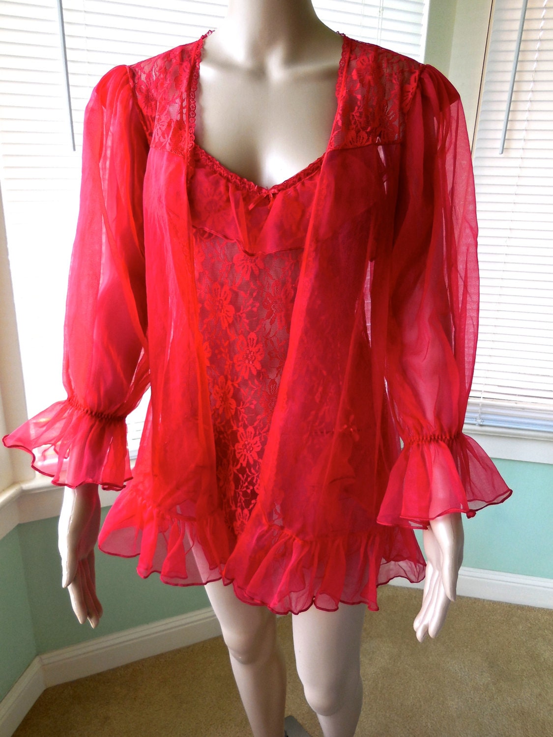 Red BABYDOLL Nightie/Red Babydoll/Peignoir Set/Sheer Red