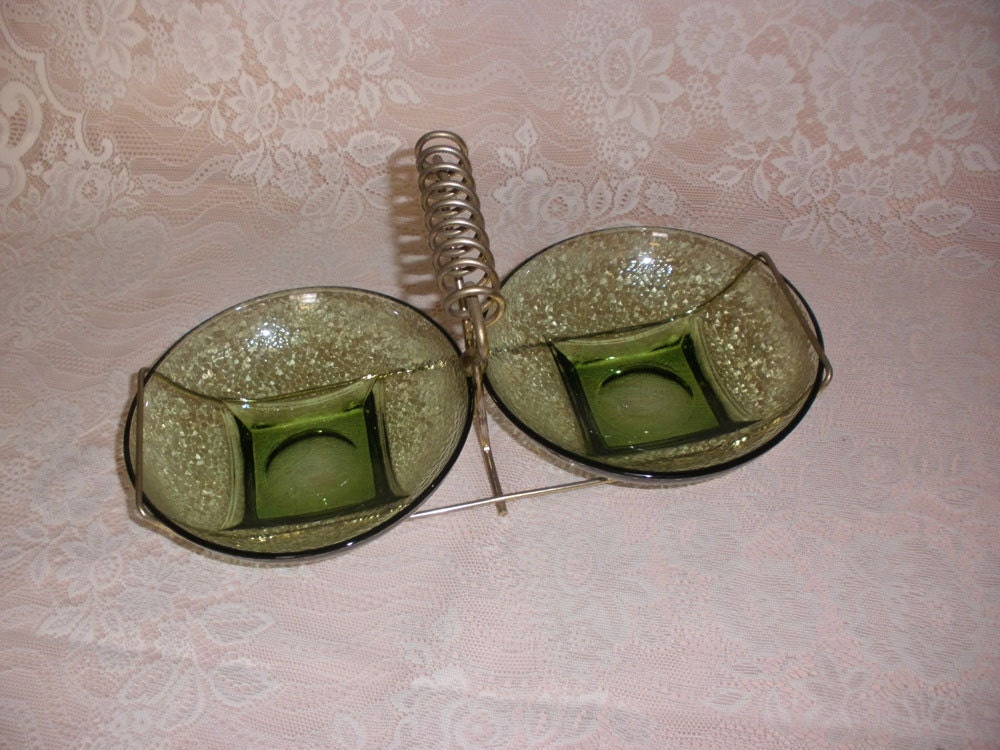 Vintage Green Glass Condiment Bowls with Wire Caddy, Dip Server, Relish