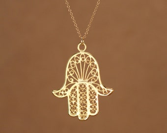 Hamsa necklace - gold hamsa charm - khamsa necklace - amulet - a filigree style gold vermeil hamsa on a 14k gold vermeil chain