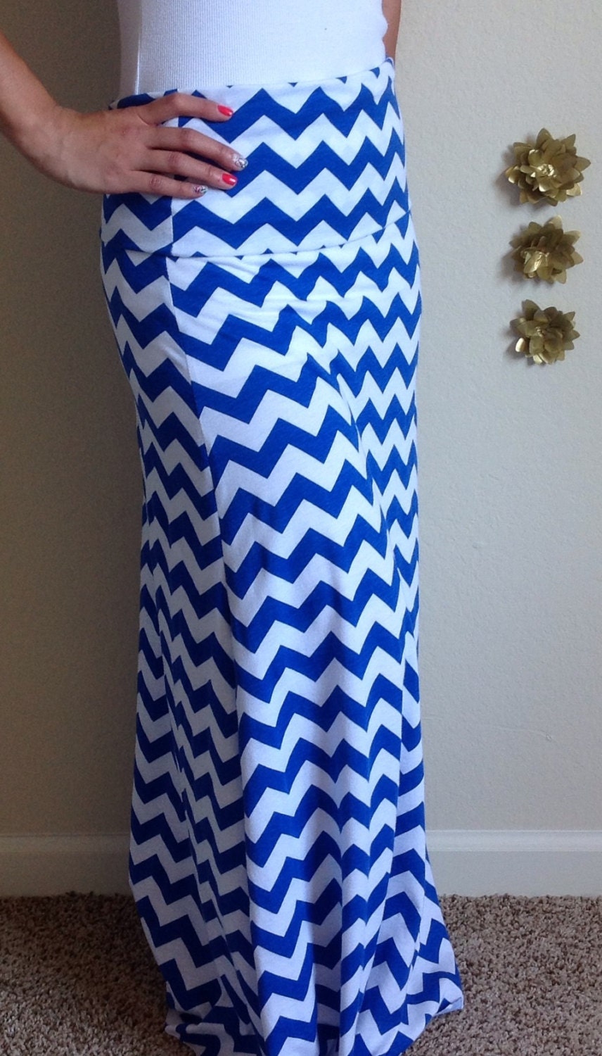 Royal blue and white Chevron maxi skirt summer by SeasonsApparel