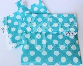 Reusable Sandwich Bag & Reusable Snack Bag Set in BLUE W/DOTS print - Velcro - ECOfriendly - Food Safe - Dishwasher Safe - Back to School