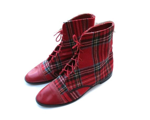 red plaid ankle boots