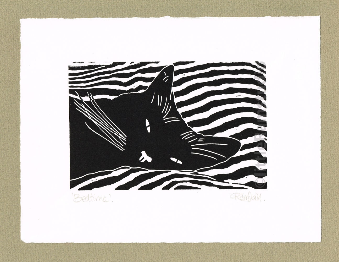 Black Cat Sleeping Linocut print. Original hand pulled