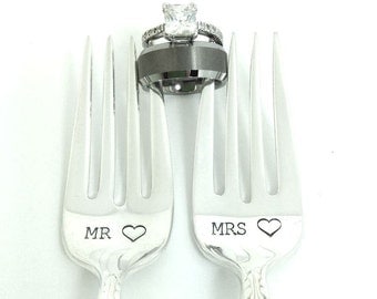 Mr Mrs Forks - Hand Stamped Vintage Silverware, wedding silverware, wedding gift, wedding forks, anniversary gift
