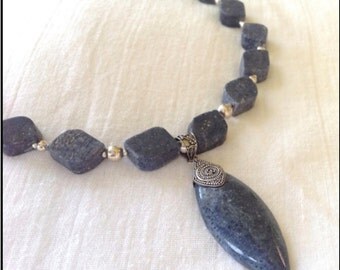 Blue Coral Necklace with Blue Coral Pendant and sterling silver round beads and clasp