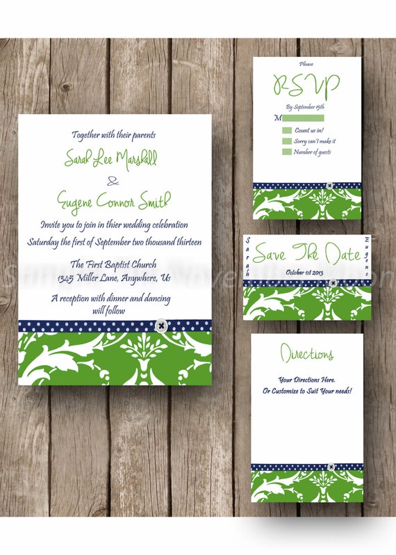 Wedding Invitation Kit, Green Damask, Blue Ribbon, Modern, Chic, Hand Writing, Digital File