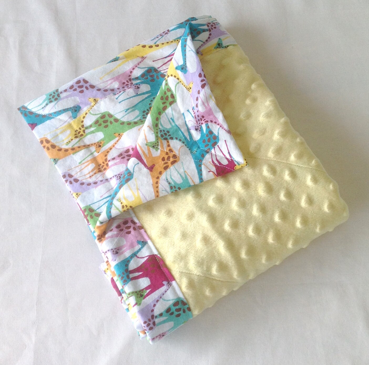 Colorful Giraffes and Yellow Minky Baby Blanket by ChickadeeBB