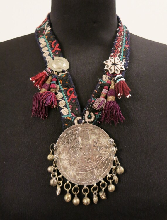 Handmade ethnic necklace with vintage Turkoman fabric and
