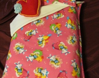 Deep Pink Smurfette Bedding with Heart Pillow for 18 inch, Bitty Baby, Cabbage Patch or American Girl Doll Bed