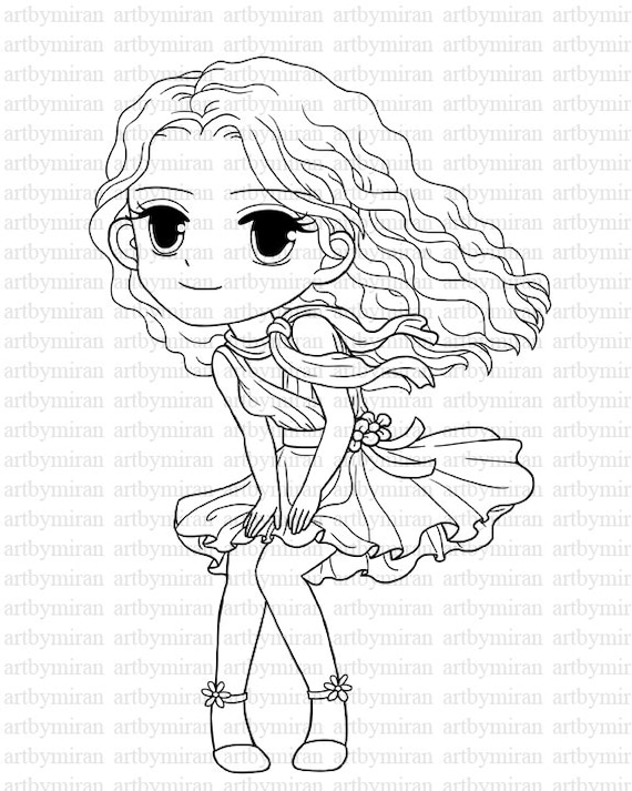 Digi Stamp, Pretty Girl Coloring page, Big eyed girl Digital Stamp, Printable Line art for Card and Craft Supply, Art by Mi Ran Jung