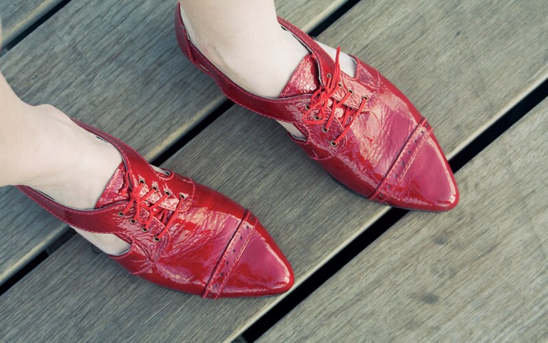 Red oxford shoes Women pointy flats Cut outs Flat by vidersShoes
