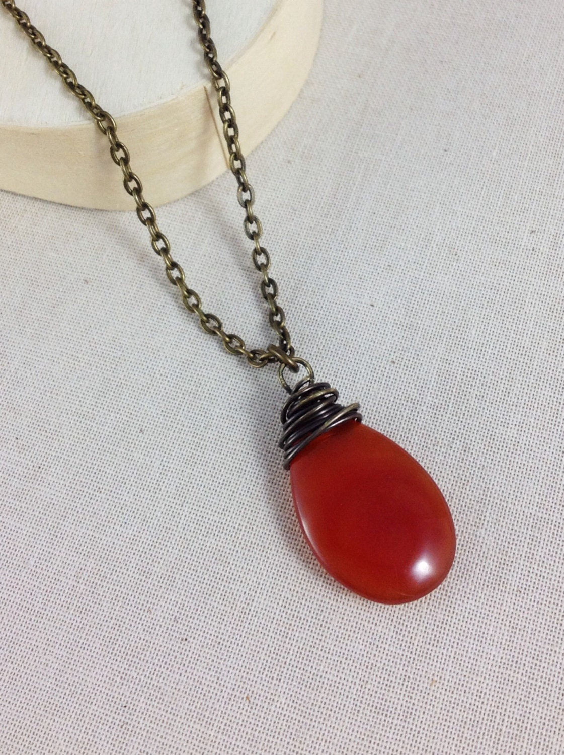 Red agate necklace. Teardrop red orange stone pendant. Antique