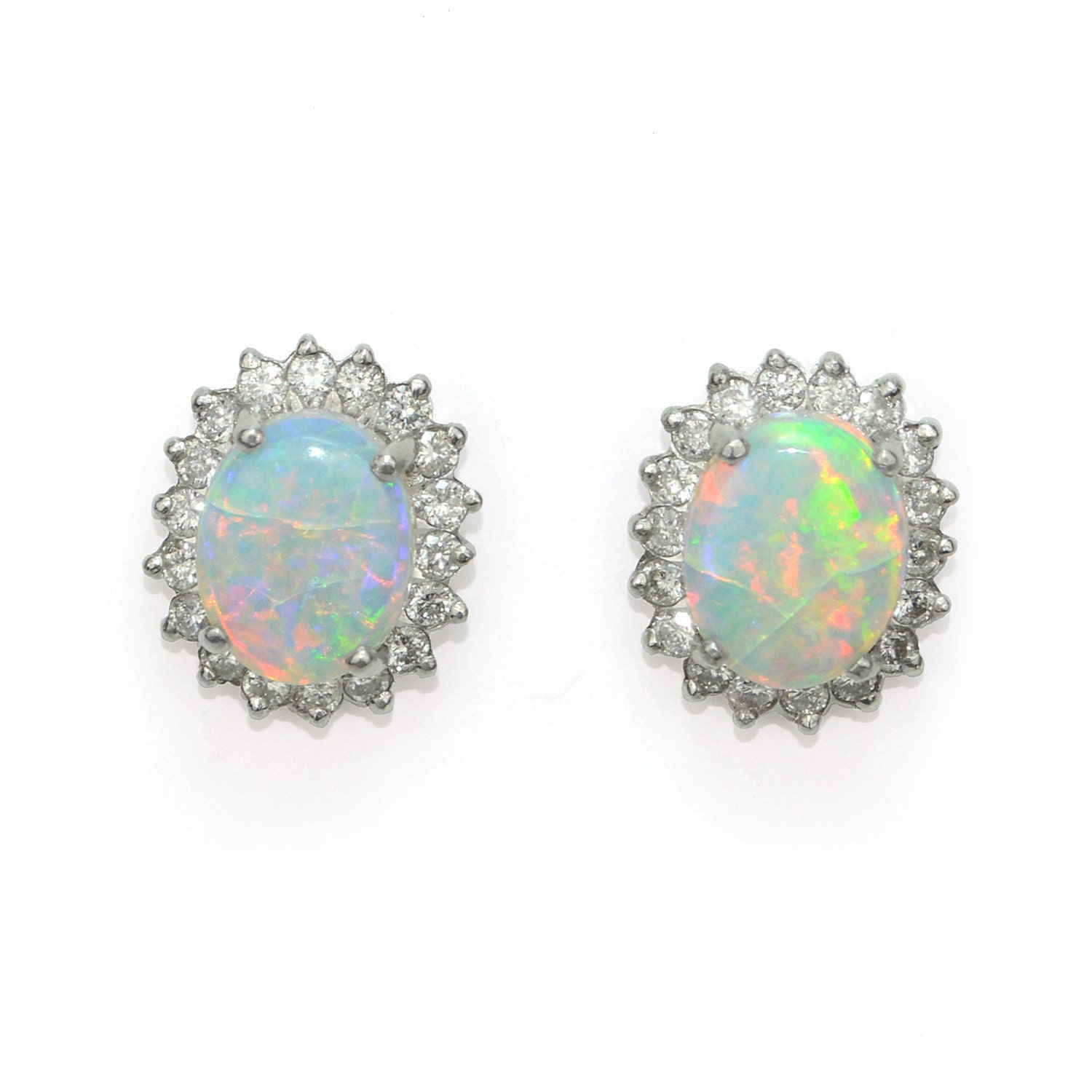 Opal Earrings Opal and Diamond Stud Halo Earrings in 14k