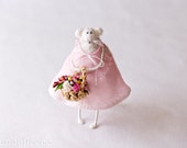 Knitted Rat/Mouse with Flower Basket-Shabby Chic Home Decoration-Art Doll-Summer Gift-Bridesmaid-Flower Girl-Soft Toy-Pastel Pink Dress-UK