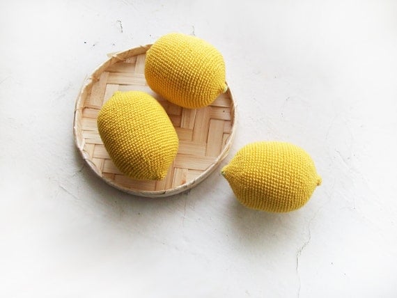 Crochet  toy Yellow lemons  /Set of 3 / Soft eco-friendly play food toy /  kid's room decor / kitchen Decor