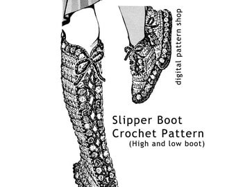 Crochet Pattern Slipper Boot Vintage High Laced Boot & Low Laced Slipper Crochet Pattern PDF Instant Download Size Adult Teen S M L - C04