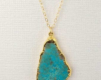 Raw Turquoise Slice with 24k Gold Electroplated Edge Necklace