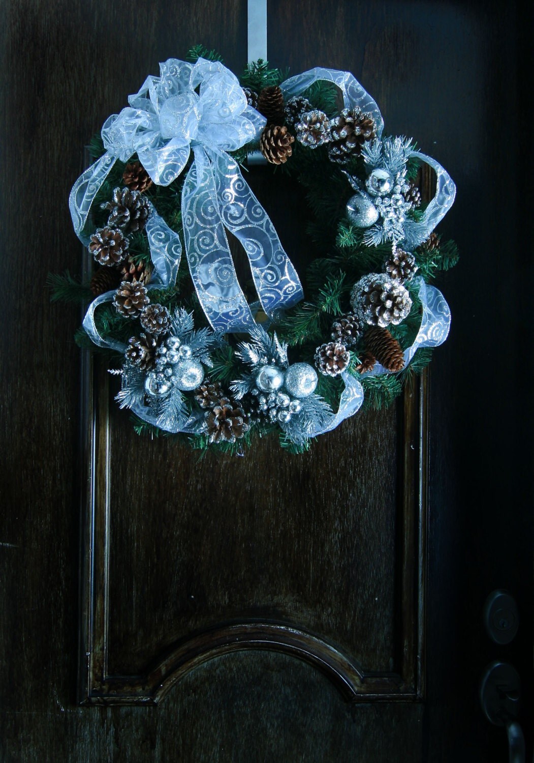 Beautiful 22" Silver Accented Artificial Pine Christmas Wreath with Silver Scroll Wire Ribbon