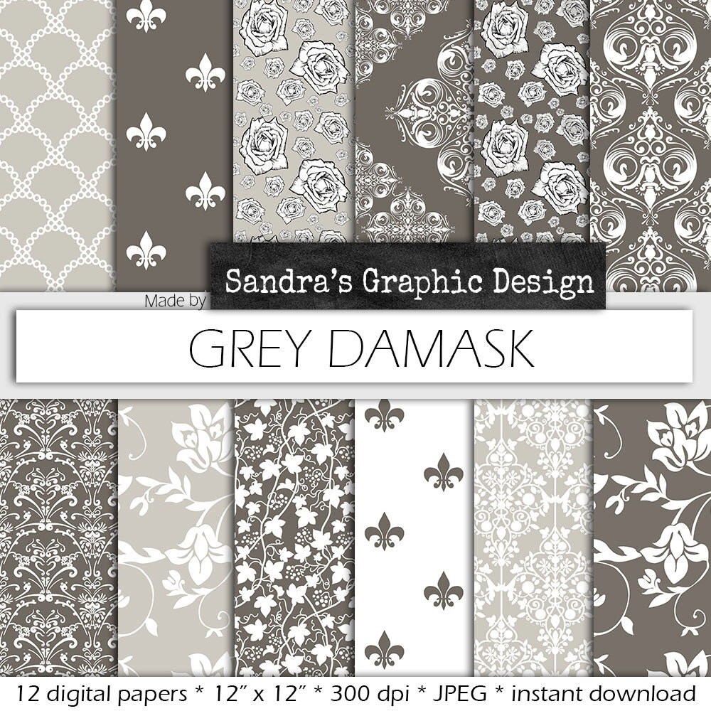 Grey digital paper “GREY DAMASK” with various damask pattern