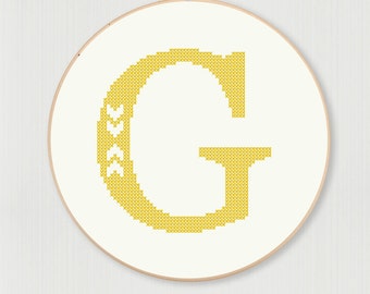 Cross stitch letter G pattern with chevron detail, instant digital download
