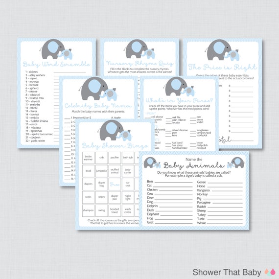 Elephant Baby Shower Games Package in Blue and Gray Seven Elephant Baby Shower Games Package in Blue and Gray Seven