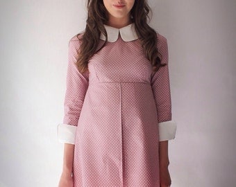 1960's Reproduction Mod Dress, Suzy Bishop style Rose pink and white polkadot, contrast Peter Pan collar and cuffs