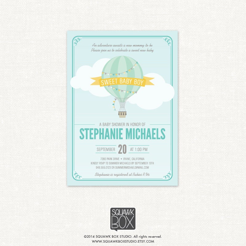 Hot Air Balloon Baby Shower Invitation Boy Printable Baby Hot Air Balloon Baby Shower Invitation Boy Printable Baby