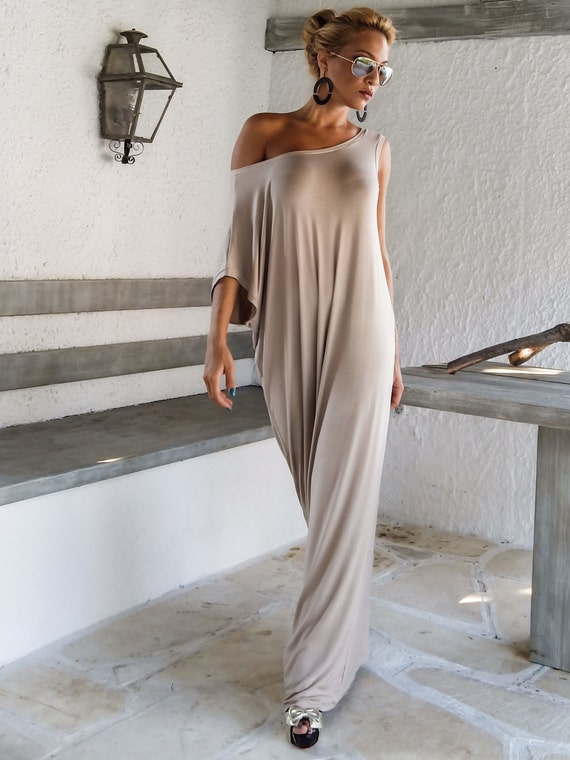Viscose Maxi Dress / Beige Kaftan / Asymmetric Plus Size