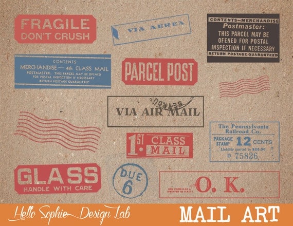Mail Art Stamps Clipart | Digital Stamps | Vintage, Retro, Postal Theme | A Set of 15 Stamps + Digital Collage |