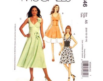 Laura Ashley Dress Sewing Pattern McCalls 5846 Fit & Flare Dress Midriff Band Contrast Hem Womens Size 6 8 10 12 14 UNCUT