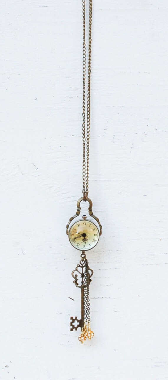 Enchanted WATCH Orb Steam Punk Clock Necklace Skeleton Key