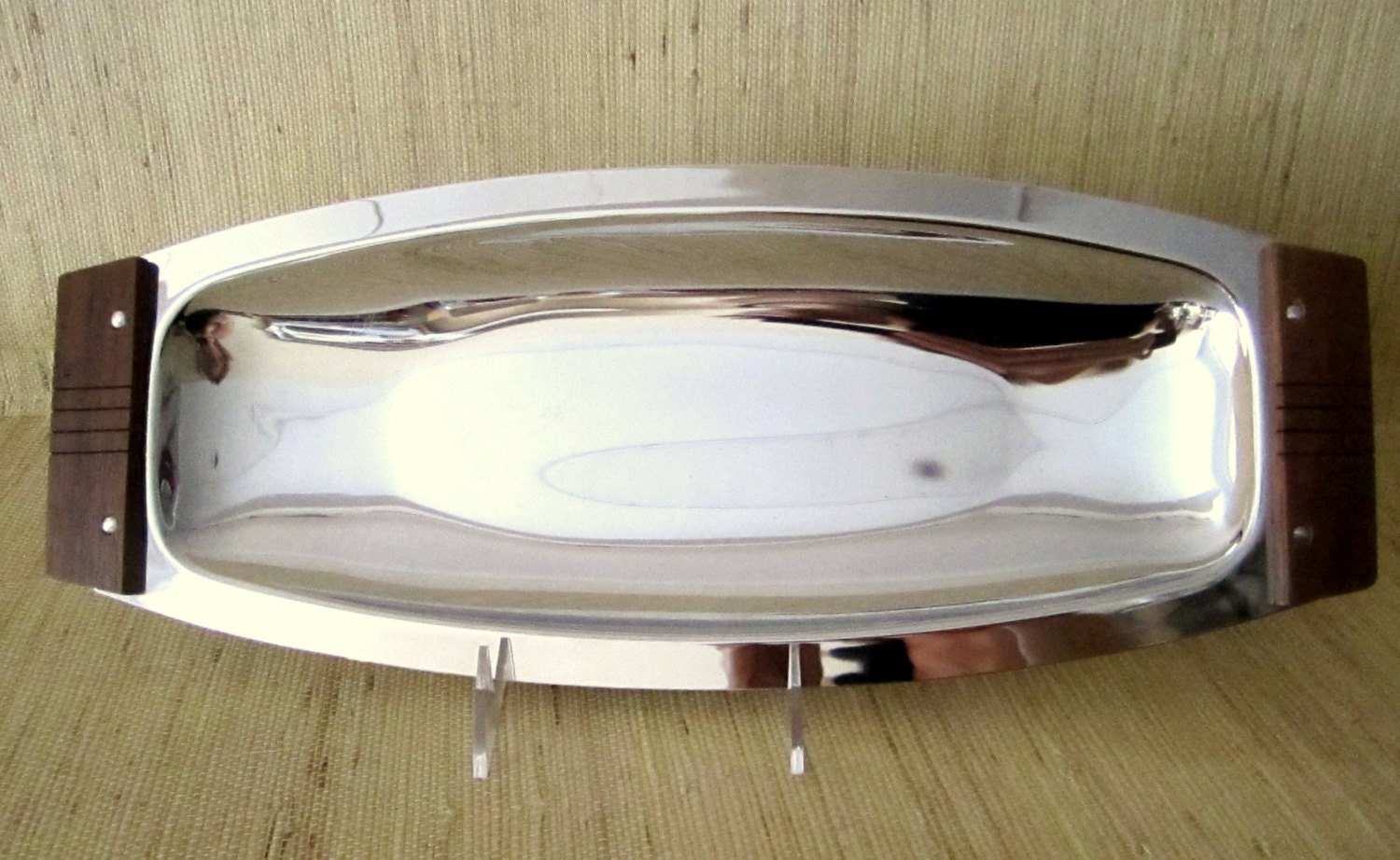 Vintage 1960s KROMEX Chrome Serving Tray with Teak Handles Mid