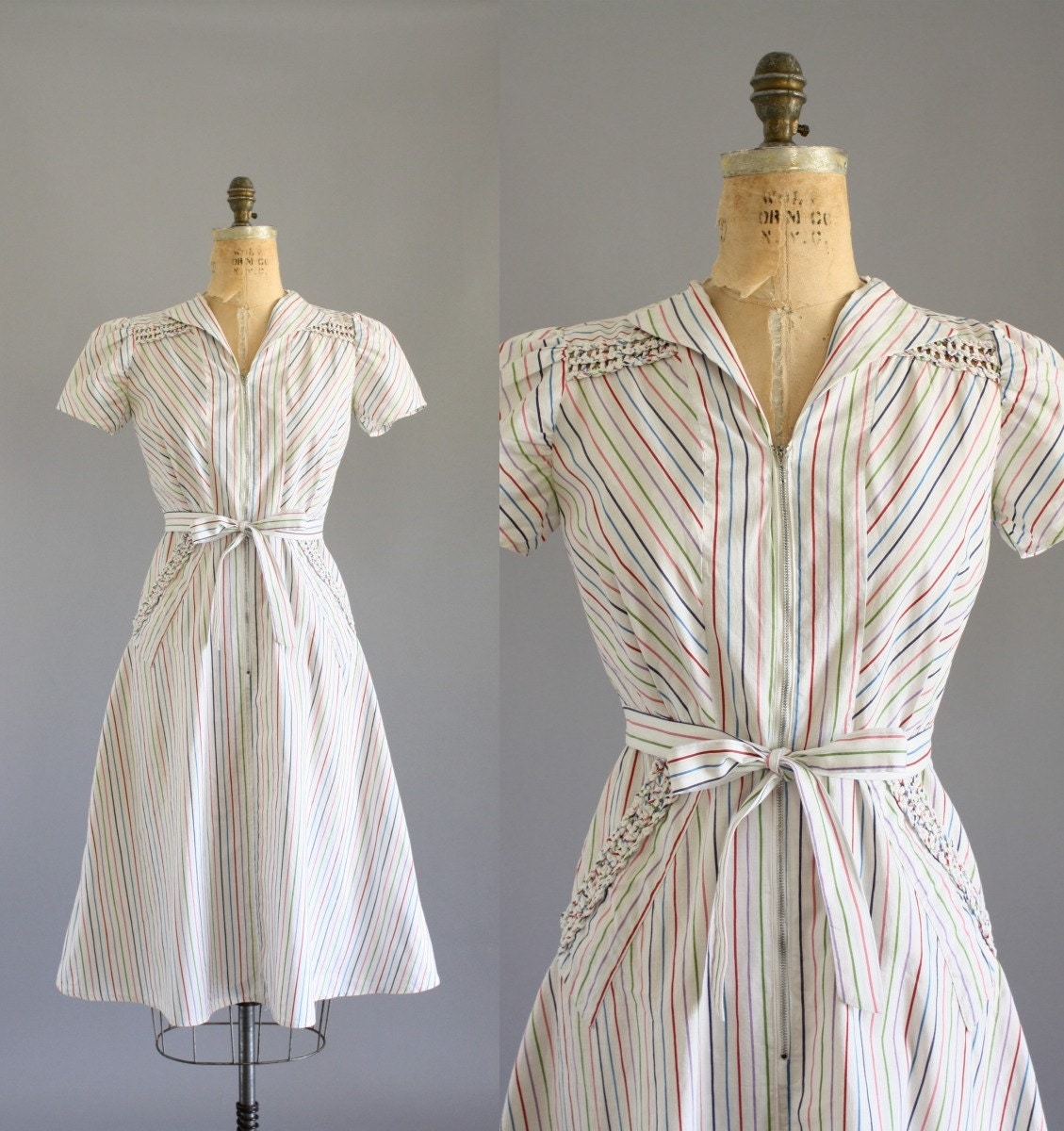 Vintage 30s Dress/ 1930s Cotton Dress/ Streamline Colorful