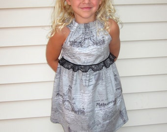 Paris Eiffel Tower Nelle Dress 6 12 18 2 3 4 5 6 7 8 9 Gray, Black, White Script Parisian Brownie Goose