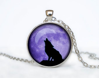 HOWLING WOLF MOON Pendant wolf necklace wolf jewelry moon necklace moon pendant moon jewelry for men for her black