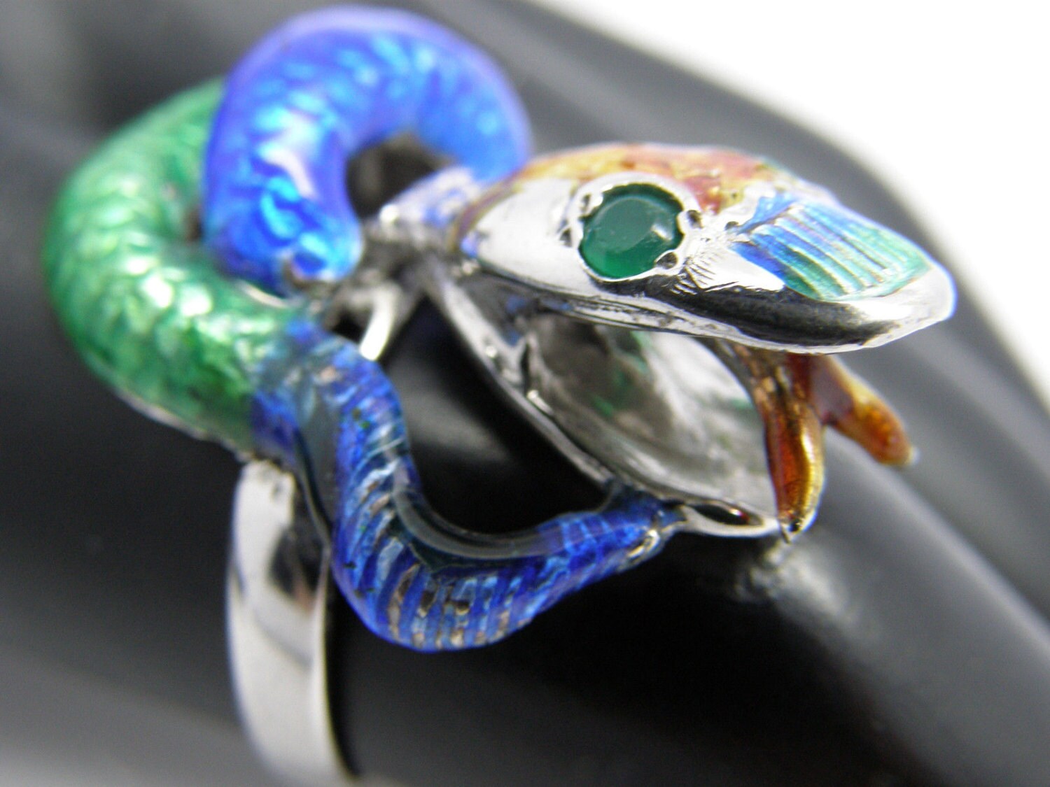 Enamel Snake Ring Mexico 925 Sterling Emerald Eye Eagle 6