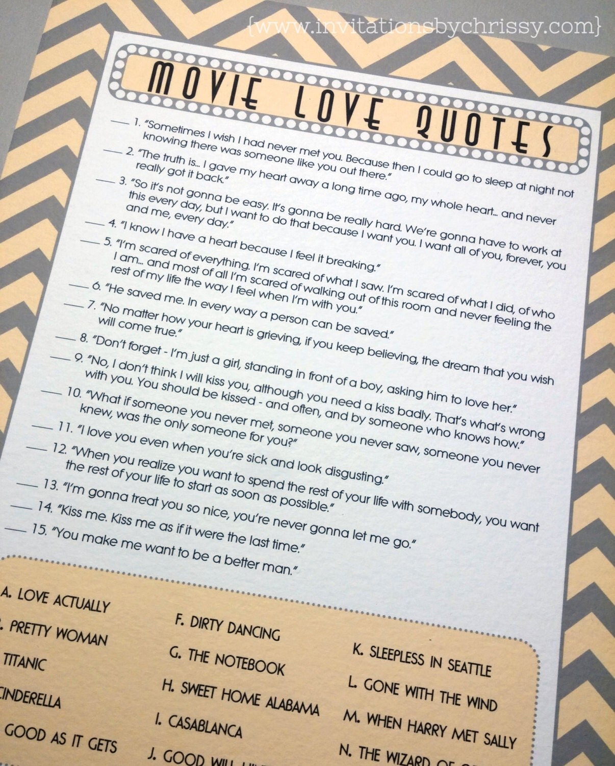 Movie Love Quotes Bridal Shower Game Cards yellow and gray