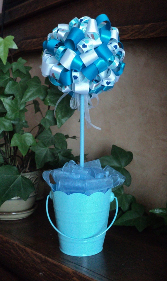 Baby Boy Shower Centerpiece. Ribbon topiary centerpiece. Baby