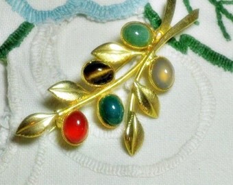 Vintage Glass Faux Gemstone Leaf Brooch Pin (B-2-4)