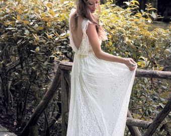 dress gypsy boho bohemian gown ivory designs lace bridal amelie
