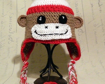 Sock Monkey Hat - Dark Tan / Red / White - Custom Order