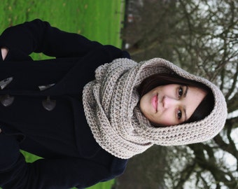 Hooded Scarf, Women s Scarf, Chunky Scarf, Hand Crocheted Hooded Scarf Oatmeal