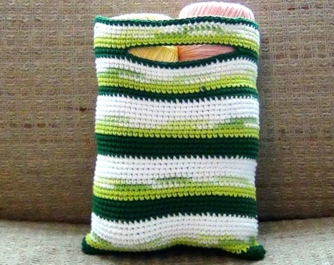 Green Striped Crocheted Gift Bag - Market Bag - Reusable Tote Bag - Cotton Bag - Shopping Tote - Eco Bag - Farmers Market Green Bag