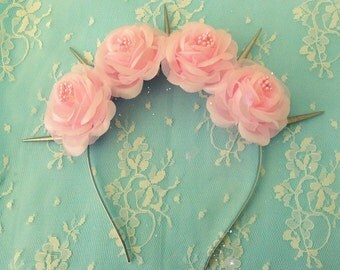 Angel- Pastel Goth Pink Silk Roses Flower crown with Silver White Spikes (Lana Del Rey Nu goth Pastel grunge kawaii anime festival goth)