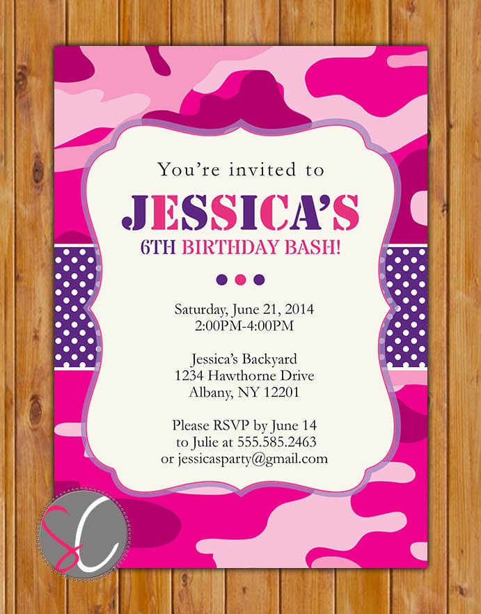 Pink Camo Birthday Party Invitations 5
