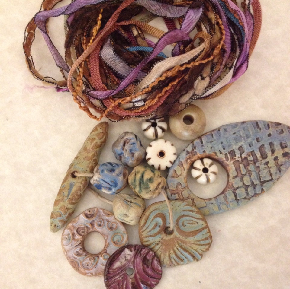 Tribal bead set with fibers odd55 by Odddesignsnc on Etsy
