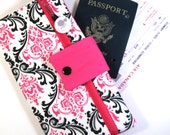 Travel Wallet Passport Cover Travel Organizer with Zipper Pouch - Bright Pink and Black Damask Pattern