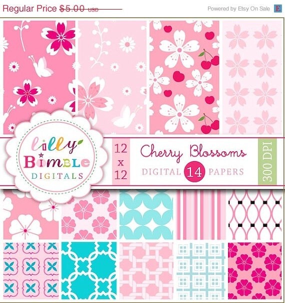 50% off Cherry Blossoms digital scrapbooking papers COMMERCIAL USE Sakura Instant Download Il_570xn