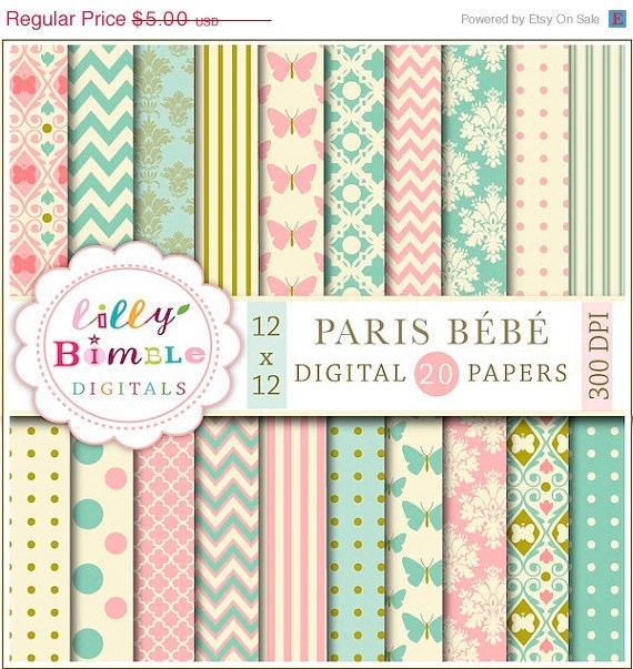 50% off PARIS BEBE digital papers in teal and salmon pink, modern scrapbook papers for cards, crafts and design elegant Digital Download Il_570xn
