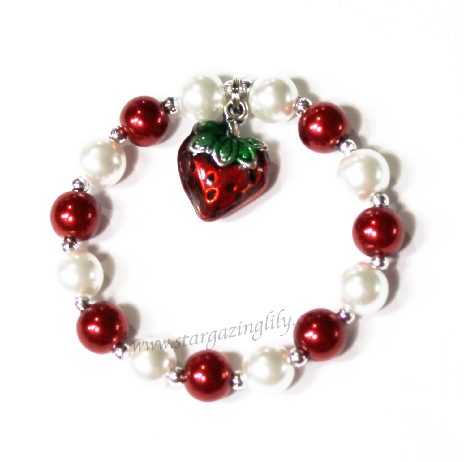 Sweet Summer Strawberry Charm Pearl Bracelet PERSONALIZED